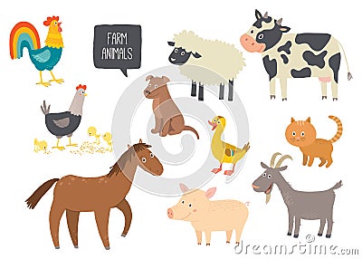 Set of cute farm animals. Horse, cow, sheep, pig, duck, hen, goat, dog, cat, cock. Cartoon vector hand drawn eps 10 Vector Illustration