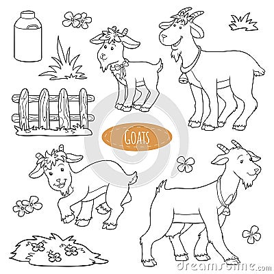 Set of cute farm animals and objects, vector family goats Vector Illustration