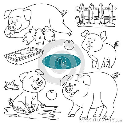 Set of cute farm animals and objects, vector family pigs Vector Illustration