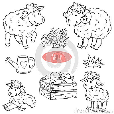 Set of cute farm animals and objects, vector family sheep Vector Illustration