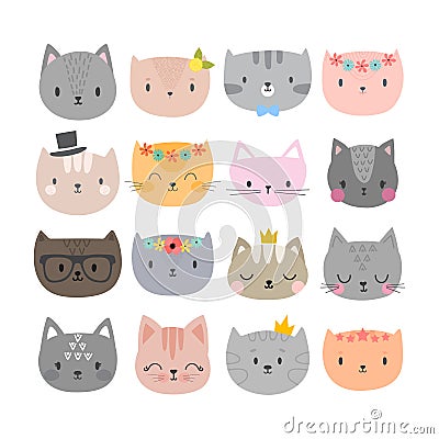 Set of cute fashion cats. Funny doodle animals. Kittens in cartoon style Vector Illustration