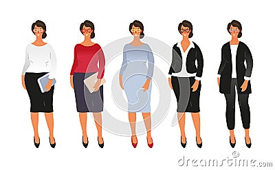 Set of cute female characters for business design, training, education. Female character in a flat design in full growth in Vector Illustration