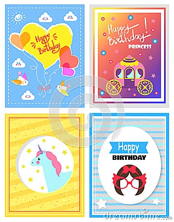 Set of Cute Festive Cards, Happy Birthday Princess Vector Illustration