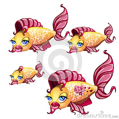 A set of cute fish with animated lips isolated on white background. Vector cartoon close-up illustration. Vector Illustration