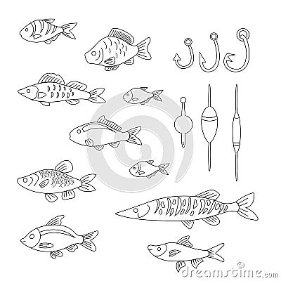 A set of cute fish with fishing gear in a linear style Vector Illustration