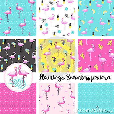 Set of cute flamingo. Seamless Pattern. Vector Illustration