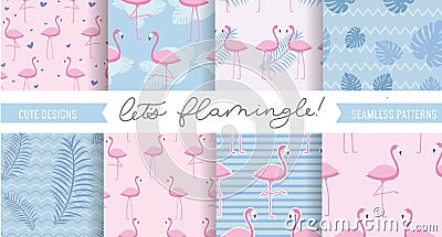 Set of cute flamingo and tropical patterns. Seamless pattern designs for textile, posters etc. Vector illustration Vector Illustration