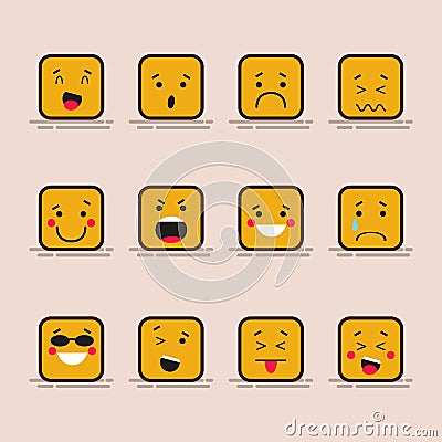 Set cute flat design of cube character with different facial expressions, emotions. Collection of emoji isolated on Vector Illustration