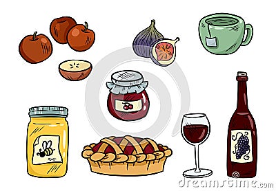 Set of cute food doodles. Hygge food stickers for planners and botebooks. Cocoa, pie, mulled wine, ginger cookies, apples, jam Vector Illustration