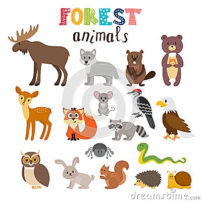 Set of cute forest animals in vector. Woodland. Cartoon style Vector Illustration