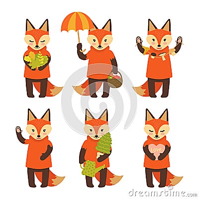 Set of cute fox characters isolated on white background. Collection of autumn characters. Vector illustration in cartoon style Cartoon Illustration