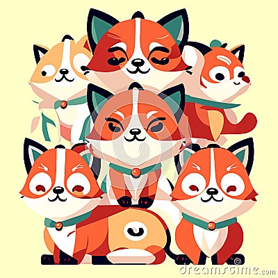 Set of cute foxes. Vector illustration in a flat style. AI Generated Vector Illustration