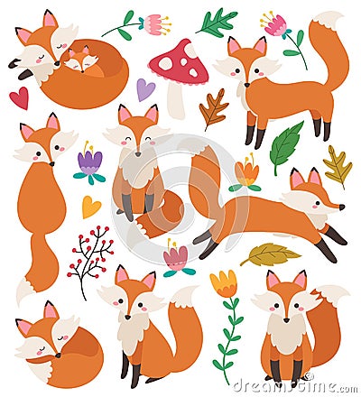 Set of cute foxes vector illustrations in flat style. Fox cartoon characters clip art collection. Woodland animal. Forest animals. Vector Illustration