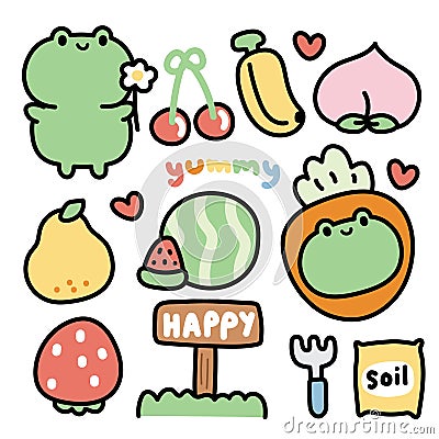 Set of cute frog with many fruit cartoon on white background.Reptile Vector Illustration