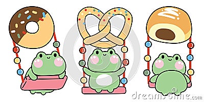 Set of cute Frog playing a swing bakery concept design.Reptile animal Vector Illustration
