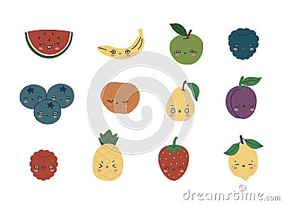 Set of cute fruits with eyes and smiles on a white background. Fruit and berry characters. Isolated fully editable flat Vector Illustration