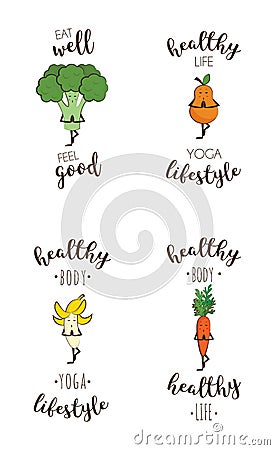 Set of cute fruits and vegetables doing sport with inspiring quote Vector Illustration