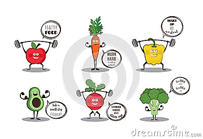 Set of cute fruits and vegetables doing sport with motivation quotes. Vector Illustration