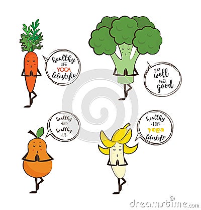 Set of cute fruits and vegetables doing yoga with motivation quotes. Vector Illustration