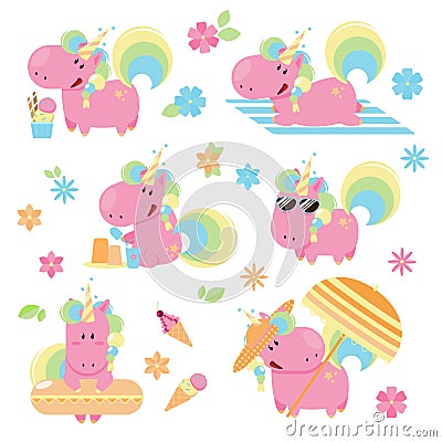 Set of cute and fun summer pink unicorn on a beach Vector Illustration