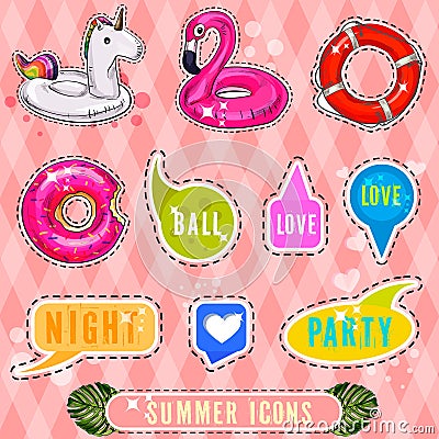 Set of cute and fun summer stickers badges icons patches design elements. Vector Illustration