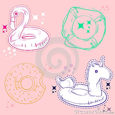 Set of cute and fun summer stickers badges icons patches design elements. Vector Illustration