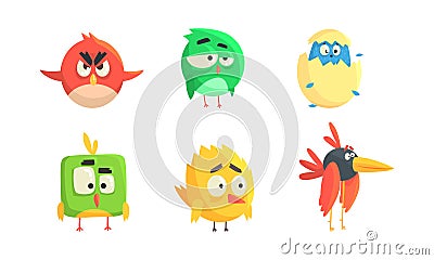 Set of Cute Funny Birds, Colorful Little Birdies with Funny Faces Cartoon Vector Illustration Vector Illustration