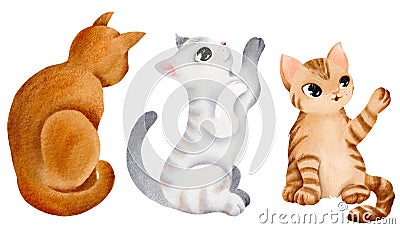 Set of cute funny cats in full growth. Isolated watercolor elements. A red tabby cat stretches with a paw. The grey cat is playing Stock Photo