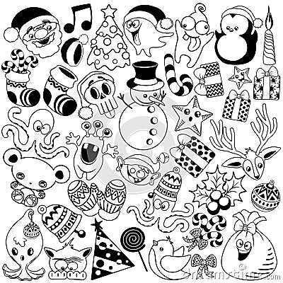 Christmas Doodles Funny and Cute Black and White Vector Characters isolated pack of 37 Vector Illustration