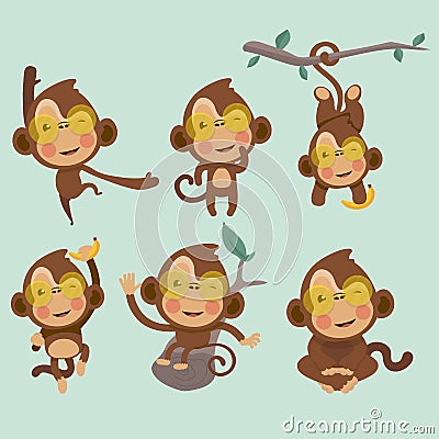 Set of cute funny monkeys. Vector Illustration