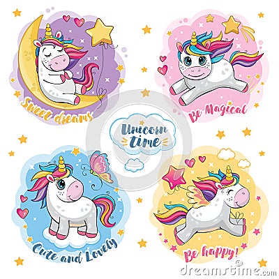 Set of cute funny unicorns. Cartoon and fabulous illustration with beautiful little pony, butterfly, star, moon and heart. Sticker Vector Illustration