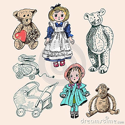 Set of cute funny vintage toys monkey, teddy bears, dolls. Antique toys of the last century for kids. Vector hand drawn Vector Illustration