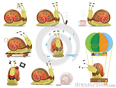 Set of cute gentleman snail in waistcoat activities vector illustration. Vector Illustration
