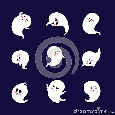 Set of cute ghosts with different facial expressions Vector Illustration