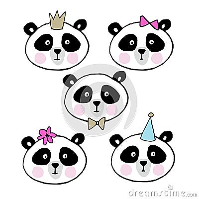 Set of cute giant pandas. Heads of little bears collection. Vector illustration. Vector Illustration