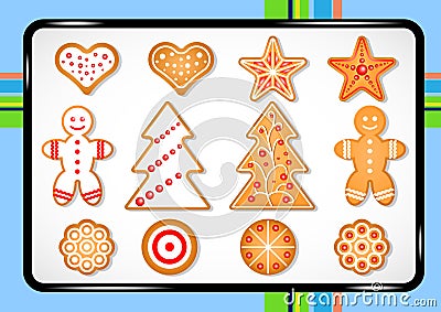 Set of cute gingerbread cookies for christmas on a baking sheet Vector Illustration