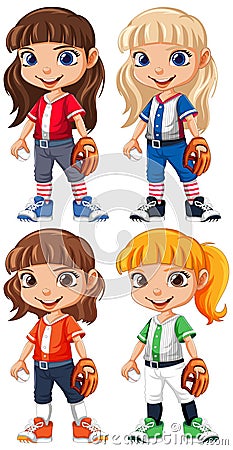 Set of cute girl baseball player cartoon character with diffrent hair colour Vector Illustration