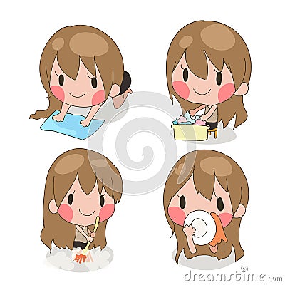 set of cute girl do housework.cleanning washing. Vector Illustration