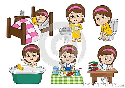 Set of daily cute girl,wake up,brushing teeth,kid pee,taking a b Vector Illustration