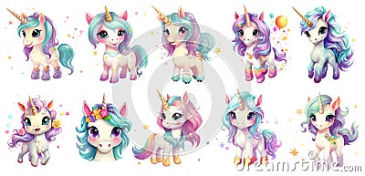 set of cute glitter Unicorn Sticker on transparent Background, generated ai Stock Photo