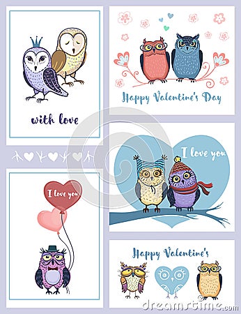 Set of cute greeting cards for Valentine`s Day Vector Illustration