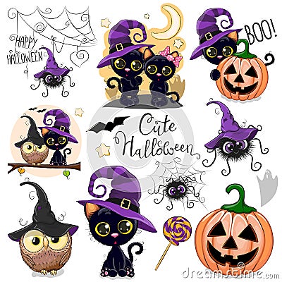 Cute Halloween illustrations with owl, black cat and spider Vector Illustration