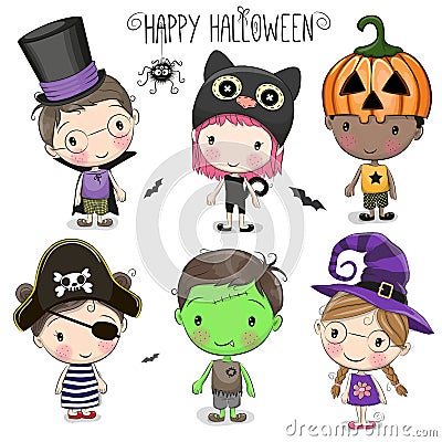 Set with Cute Halloween Kids Vector Illustration