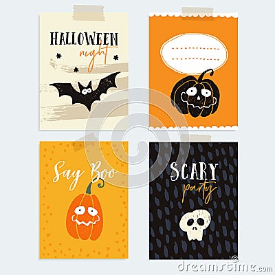 Set of cute Halloween party cards, invitations with pumpkins, human skull and bat. Hand drawn vector illustration Vector Illustration