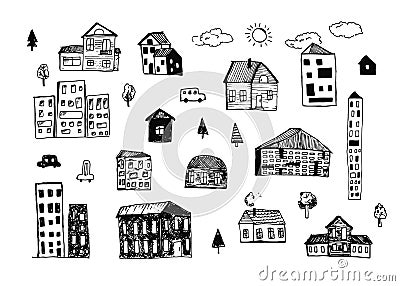 Set of cute hand drawn black vector houses Vector Illustration