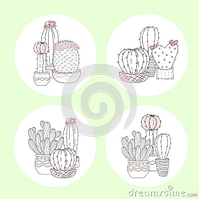 Set of cute hand drawn cactus with letters on color background Stock Photo