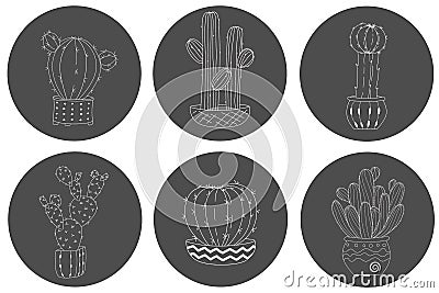 Set of cute hand drawn cactus in a pot on chalkboard background Stock Photo