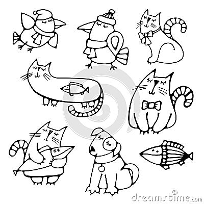 Set of cute hand-drawn contour animals pets Vector Illustration