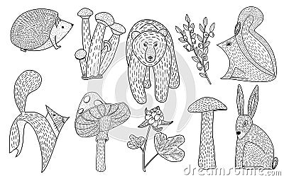 Vector illustration of cute hand drawn woodland animals, mushroo Vector Illustration