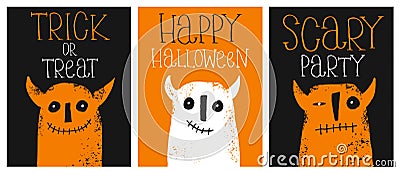 Set of 3 Cute Hand Drawn Halloween Vector Illustrations. Funny Devils. Childish Style Design. Vector Illustration